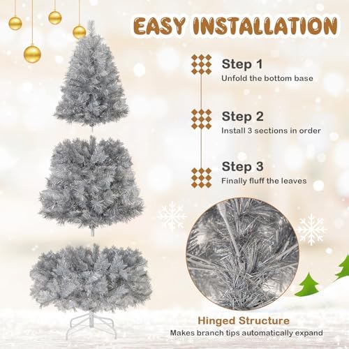 HAPPYGRILL 6 FT Pre-Lit Christmas Tree Silver Tinsel Artificial Xmas Tree with 553 Branch Tips, 230 Warm White LED Lights, Upgraded Metal Stand, Hinged Decoration Tree, Festive Celebration Tree