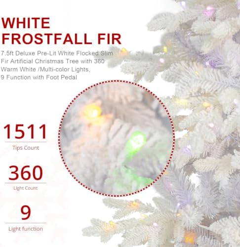 Glitzhome 7.5ft Prelit Artificial Christmas Tree, Slim White Frostfall Fir Xmas Tree with 360 Warm White & Multi-Color Lights, 1,486 Branch Tips, Flocked Christmas Tree for Indoor Holiday Spaces