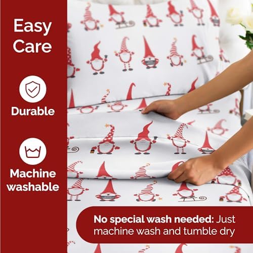 Christmas Sheet Set, Holiday Gnomes Red, Holiday Xmas Bedding Set - Twin XL