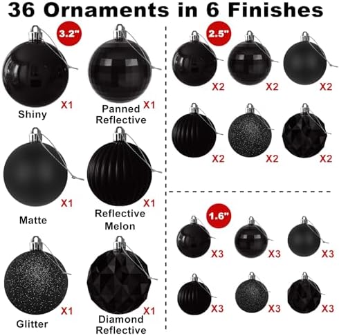 Black Christmas Ornaments - Christmas Tree Decorations Shatterproof Hanging Balls for Birthday Wedding Holiday Decor Set of 36pcs, Multi-Sizes(1.6",2.5",3.2")