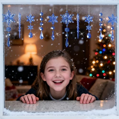 36pcs Crystal Christmas Ornaments for Tree Decorations, Royal Blue Hanging Acrylic Snowflake Icicle Star Ornaments with Drop Pendants for Winter Wonderland Chandelier Crystals Decorations Supplies