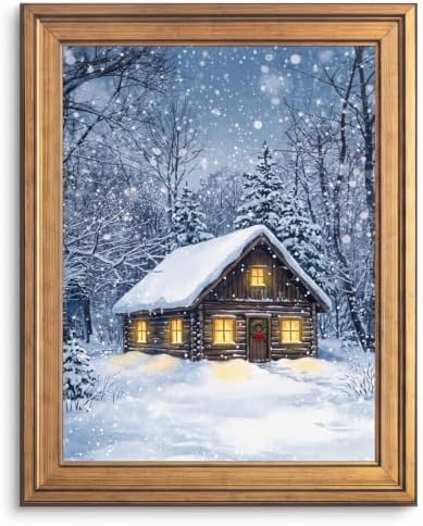 Framed Snowy Cabin Canvas Print Gold Frame Wall Art Inch 24x36