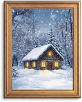 Framed Snowy Cabin Canvas Print Gold Frame Wall Art Inch 24x36