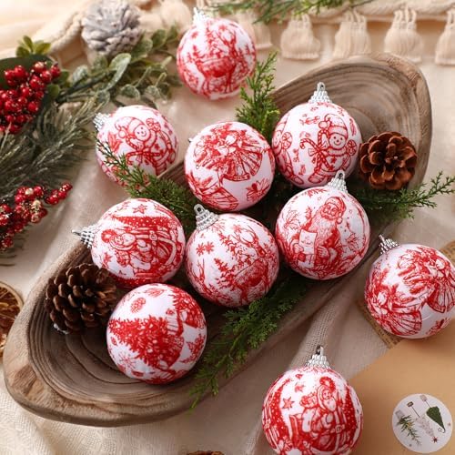 Outus 16pcs Red Toile De Jouy Santa Snowman Christmas Ball Tree Ornaments