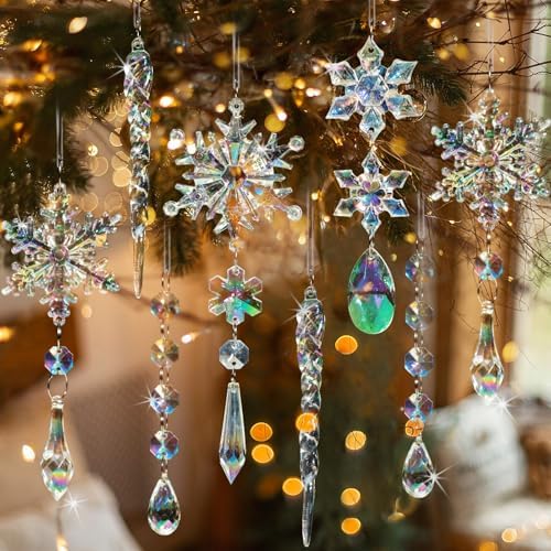 GuassLee 36pcs Crystal Christmas Tree Ornaments - Iridescent Acrylic Snowflake Icicle Drop Crystal Hanging Ornaments for Christmas Tree Winter Wonderland Frozen Themed Birthday Party Decor