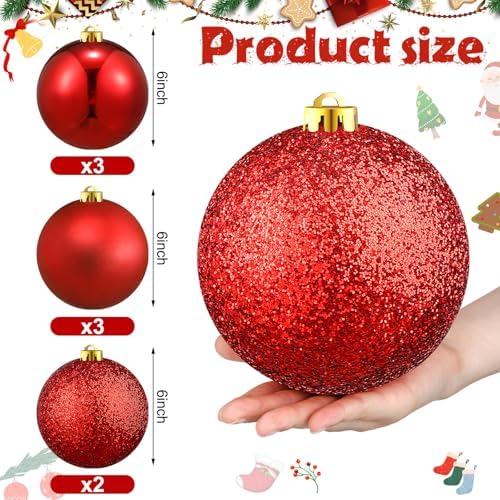 Deekin 8 Pack Large Christmas Ball Ornaments, 6 Inch Red Glitter Jumbo Ball