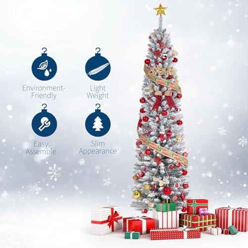 Garvee 6 ft Pencil Prelit Christmas Tree, Snow Flocked Xmas Tree