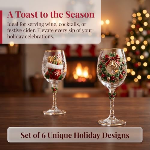 Christmas Wine Glass Collection Gift Box Set, Christmas Wine Glasses, Raised Holiday Goblet with Snowflake Decor, Festive Glassware, Wines & Cocktails, Holiday Party & Table Decor (6pcs)