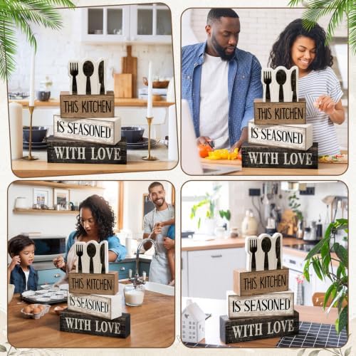 Moucuny 4 Pcs Kitchen Decor Wooden Signs, Farmhouse Tableware Tiered