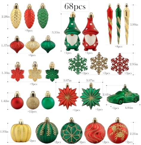 68PCS Christmas Tree Ornaments Set, Red Green Gold Christmas Balls and Assorted Decorations, Shatterproof Hanging Ornaments with Hooks for Xmas Tree, Holiday Party Home Decor