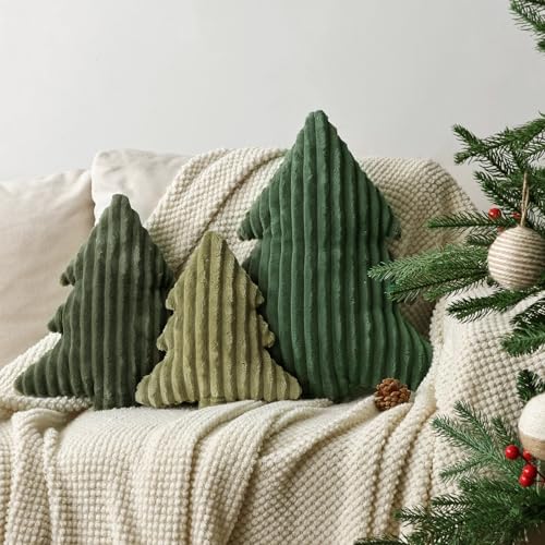 Christmas Decorations Plush Throw Pillows: Soft Green Velvet Christmas Tree Shaped Pillow, Cute Rustic Stuffed Cushion Xmas Decor Indoor for Kids Home Sofa Bed Couch Office Couch Living Room, Set of 3