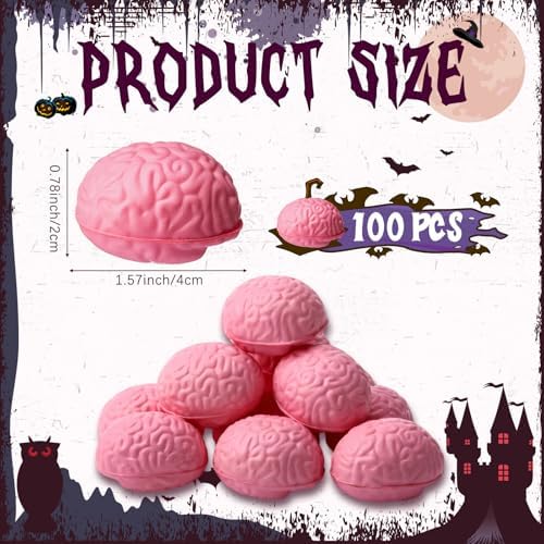 Skylety 100 Pcs Halloween Brain Stress Balls Bulk for Teens Adult Pink Mini
