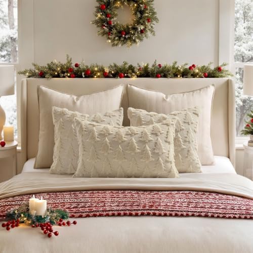MIULEE Christmas Throw Pillow Covers Lumbar Beige Christmas Decorations Xmas Tree 16x24 Pillow Covers Soft Plush Faux Wool Pillowcases Holiday Festivals Winter Home Decor Sofa Couch Bed Porch