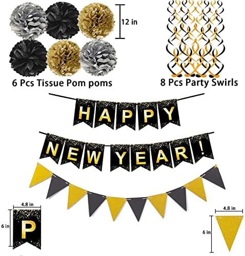 Fecedy Happy New Year Set Black Banner with Gold Black Paper Flag Bunting Swirl Streamers & Pom Poms for Happy New Year Party Decorations