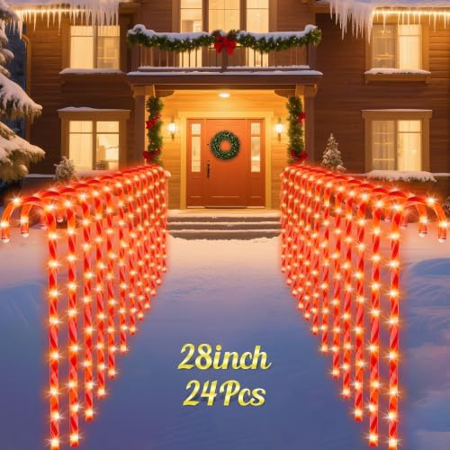 COOLWUFAN 24Pcs 28" Christmas Candy Cane Pathway Marker Lights