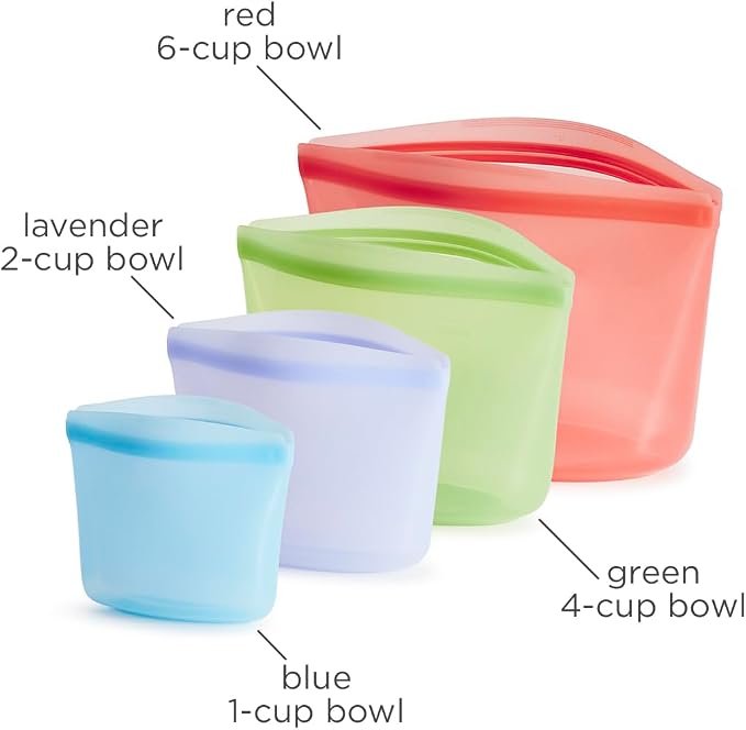 Stasher Premium Reusable Silicone Food Storage Bags, 4-Pack, Multicolor | Food-Safe Silicone, BPA-Free, Leak-Free, Eco-Friendly, Dishwasher, Lunch Bag, Travel Containers, Meal Prep, Lunch, Travel