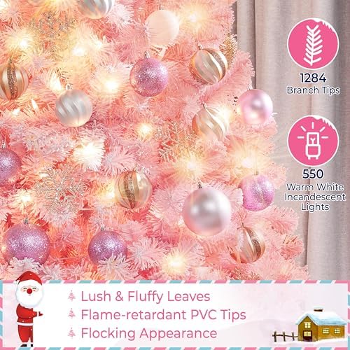 Yaheetech 7.5ft Prelit Flocked Christmas Tree, Pink & White, 550 Lights