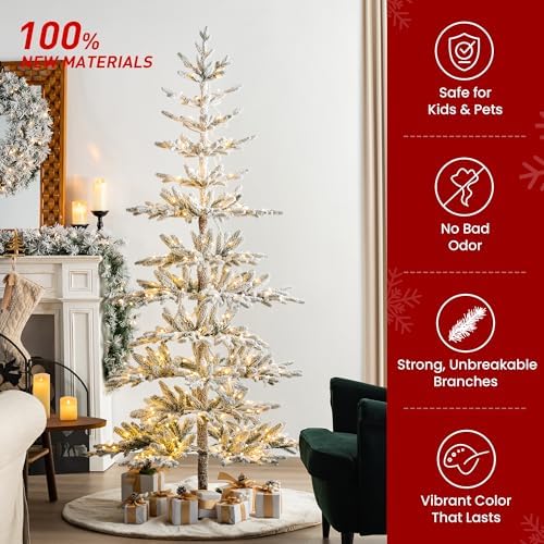 Glitzhome 7ft Deluxe Pre-Lit Flocked Artificial Christmas Tree Serene Snowscape Fir for Home, Office, Party Decoration with 400 Warm White Lights, Metal Hinges & Base, Easy Assembly