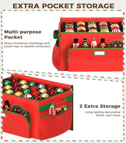Ornament Storage Box, Large Christmas Ornament Storage Box, Stores 72 4'' Ornaments , Ornaments Storage Containers with 3 Trays, Durable and Portable, 600D Tear-Proof Material, Extra Pockets Red