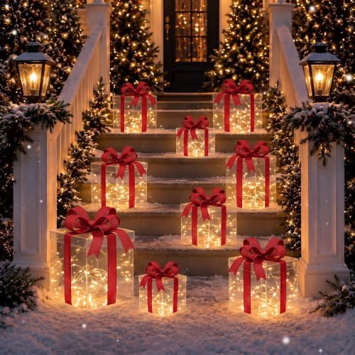 Rattanview 12 Set Christmas Lighted Gift Boxes Outdoor Holiday LED Decor