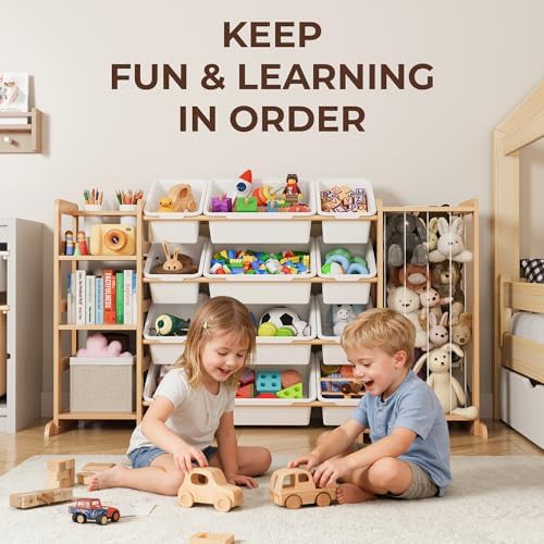 Toy Storage Organizer with Bookshelf and Stuffed Animal Storage - Kids Playroom Organization with 3 Shelves and 12 Toy Bins - Toddler Living Room Toy Box for Lego - Nursery Bedroom Decor Essential