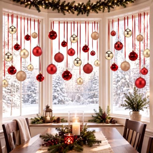 56 Pcs Red Gold Christmas Window Hanging Ball Ornament Window Decorations