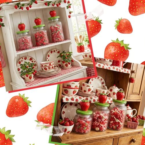 Mimorou 3 Set Strawberry Candy Glass Jars with Ceramic Lids 44oz 33oz 22oz Summer Strawberry Cookie Jars Airtight Glass Food Storage Containers for Summer Party Tea Cookie Snacks Sugar