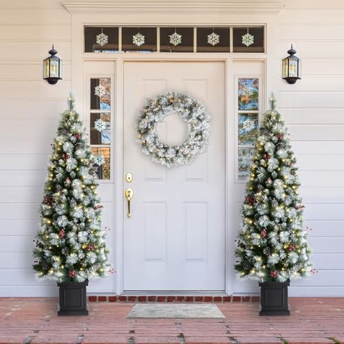 Glitzhome 6 FT Christmas Tree, Pre-Lit Artificial Entrance Trees Greenery Pine Cones and Red Berries Christmas Porch Tree with 200 Warm White Lights for Front Door, Porch, Entryway