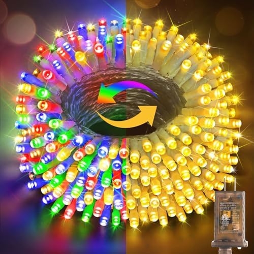Hezbjiti 108FT 300 LED Color Changing Christmas Lights Outdoor, 11 Modes String Lights IP44 Waterproof Fairy Lights for Party Tree Yard Porch Wedding (Multicolor to Warm White, Clear Wire)