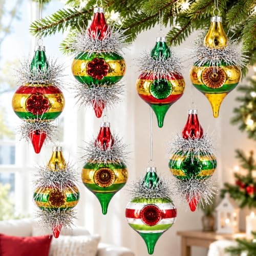 Soulchen 8 Pcs Vintage Glass Christmas Tree Drop Finial Ornaments for Tree