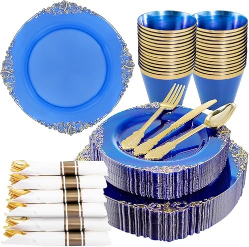 Nervure 175Pcs Blue Plastic Plates, Disposable Party Plates for 25 Guests