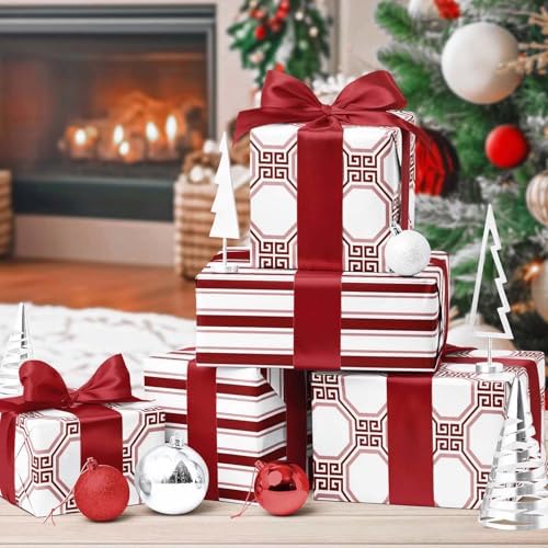 LaRibbons Reversible Minimalist Christmas Wrapping Paper, Greek Key Geometric & Striped Design - Burgundy Pink Modern Gift Wrap for Birthday, Holiday, Xmas Party Celebration, 17 Inch × 33 Feet