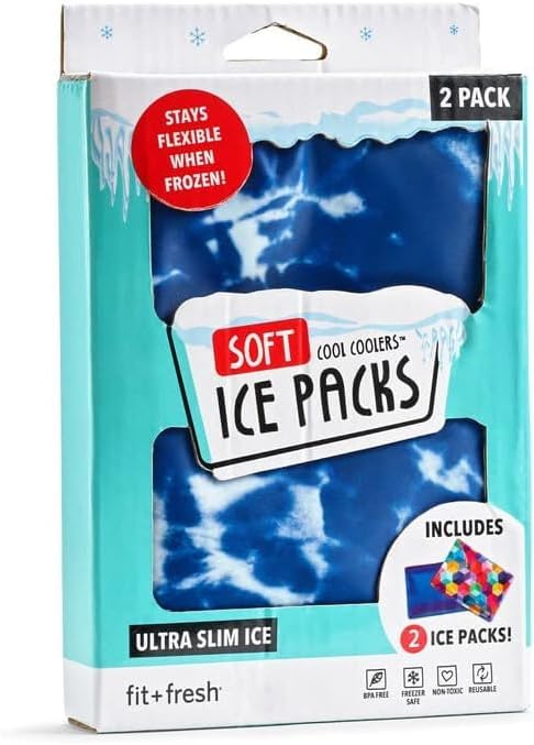 Fit & Fresh Cool Coolers 2 Pack Soft Ice for Lunch Bags, Flexible Stretch Nylon, Durable, Reusable Lunch Box Ice Packs, Soft Ice, Reusable Freezer Packs, Lunch Ice, Easy to Clean, Blue Tie Dye