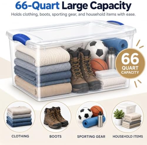 Storage Bin 66 Qt 4-Pack, Clear Latching Plastic Tote Blue
