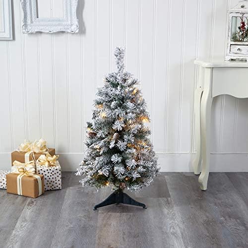 Nearly Natural 3ft Pre-Lit Flocked Pine Artificial Christmas Tree 50 LEDs
