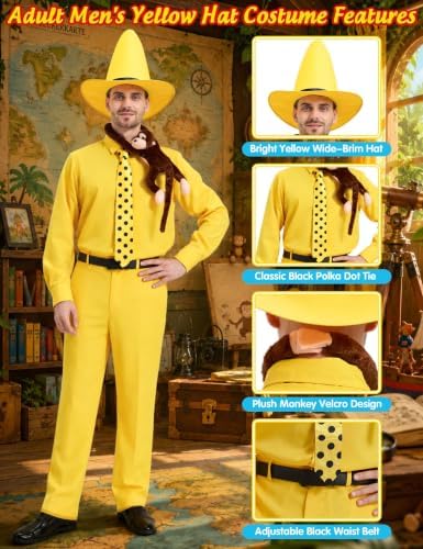 Men Yellow Hat Costume 6PCS Adult Suit with Plush Monkey for Halloween