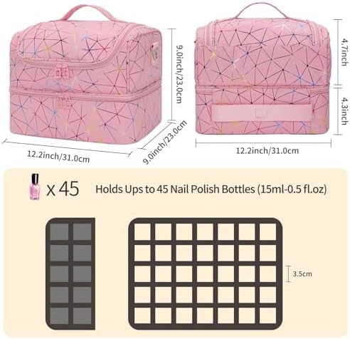 CUBETASTIC Nail Polish Organizer Bag, Double Layer Nail Tech Travel Case Holds 45 Bottles & Full-Size Lamp, Portable Manicure Storage Box for Nail Supplies, Tools & Dip Powder - Pink