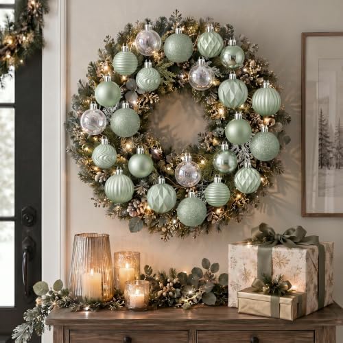 Lunmon 64 Pcs Sage Green Christmas Ornaments Iridescent White Xmas Bulbs