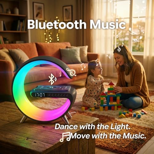 Smart LED Table Lamp for Bedroom with Wireless Charging Bluetooth Speaker, App Controlled Night Light for Kids, Christmas Birthday Gifts for Teens Adults Desk Office Bedroom Decor (Black