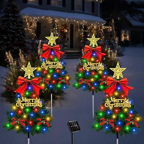 Christmas Tree Solar Pathway Lights Outdoor Decor, 4 Pack, Green