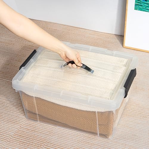 Cetomo Lidded Storage Bin with Handle, Storage Bins with Lid, Organizing Container with Secure Latching Buckles, Stackable and Nestable, Plastic, 40 Quart-6 Pack, Clear