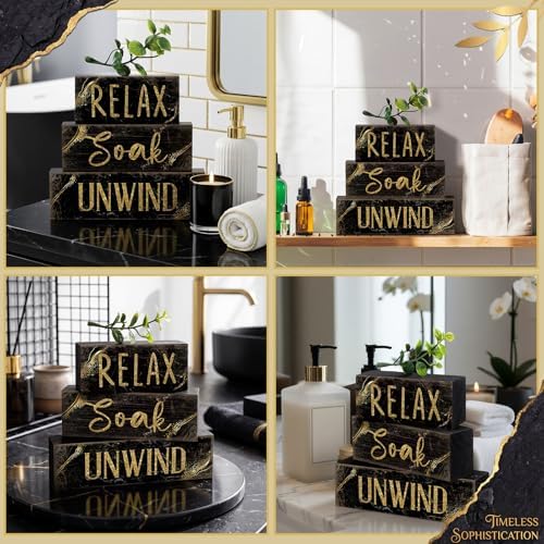 Moucuny 4 Pcs Black Gold Bathroom Signs Relax Soak Unwind Wooden