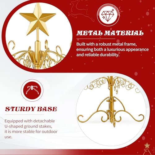 3ft Gold Wrought Iron Christmas Tree with Star Top, Metal Ornament Display Stand for Holiday Decor, Indoor Outdoor Party Decoration Tree