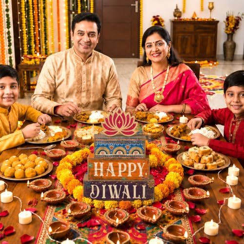 Lineshading 4 Pcs Diwali Table Decoration, Happy Diwali Lotus Wood Sign