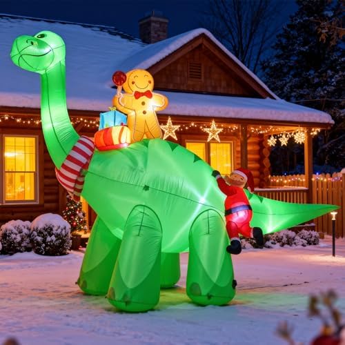12FT Inflatable Dinosaur Santa Claus with Bright LED Lights for Yard