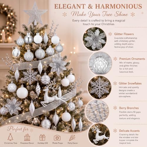 CroBlissful 118 Pcs Christmas Tree Ornaments Set Including Ornaments Balls, Hanging Snowflakes Icicle, Mesh Ribbon, Tree Top Star, Flower, Berries Stems for Xmas Trees Holiday Decor(Silver)