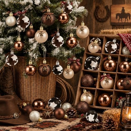 Lunmon 64 Pcs Cow Christmas Ball Ornaments Western Cowboy Xmas Bauble