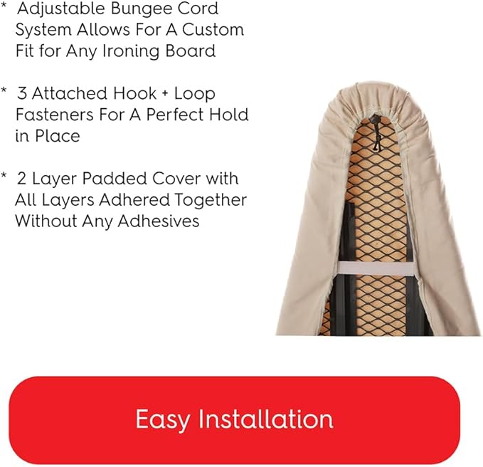 Ironing Board Cover 19 x 55 - Made in Italy - Wide Chemical Free Eco-Friendly Padded Covers - Unbleached, Untreated Natural Cotton & Wool Pad - 2 Layer, 3 Fastener Straps, Pull Bungee Cord