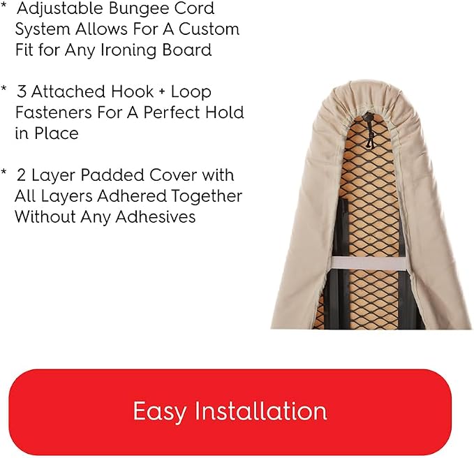 TIVIT Ironing Board Cover 14" x 44" Standard Chemical Free Eco-Friendly Padded Covers - Unbleached, Untreated Natural Cotton & Wool Pad - 2 Layer, 3 Fastener Straps, Pull Bungee Cord - Made in Italy