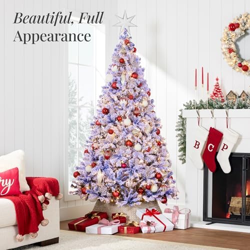 Best Choice Products Artificial Flocked Christmas Tree, 6ft Premium Pre-Lit Colorful Pine Holiday Décor w/250 Twinkle Lights, Metal Base - Lavender